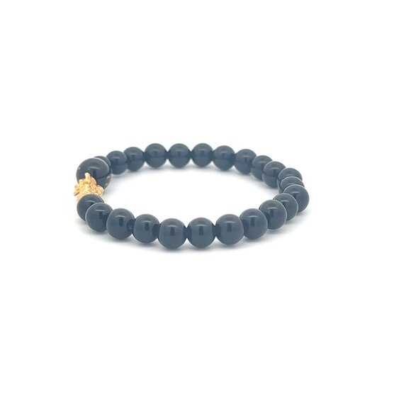 18K Gold Pixiu Piyao Bracelet Gemstones Onyx 6mm Elastic Bracelet Letter B - Picture 4 of 6